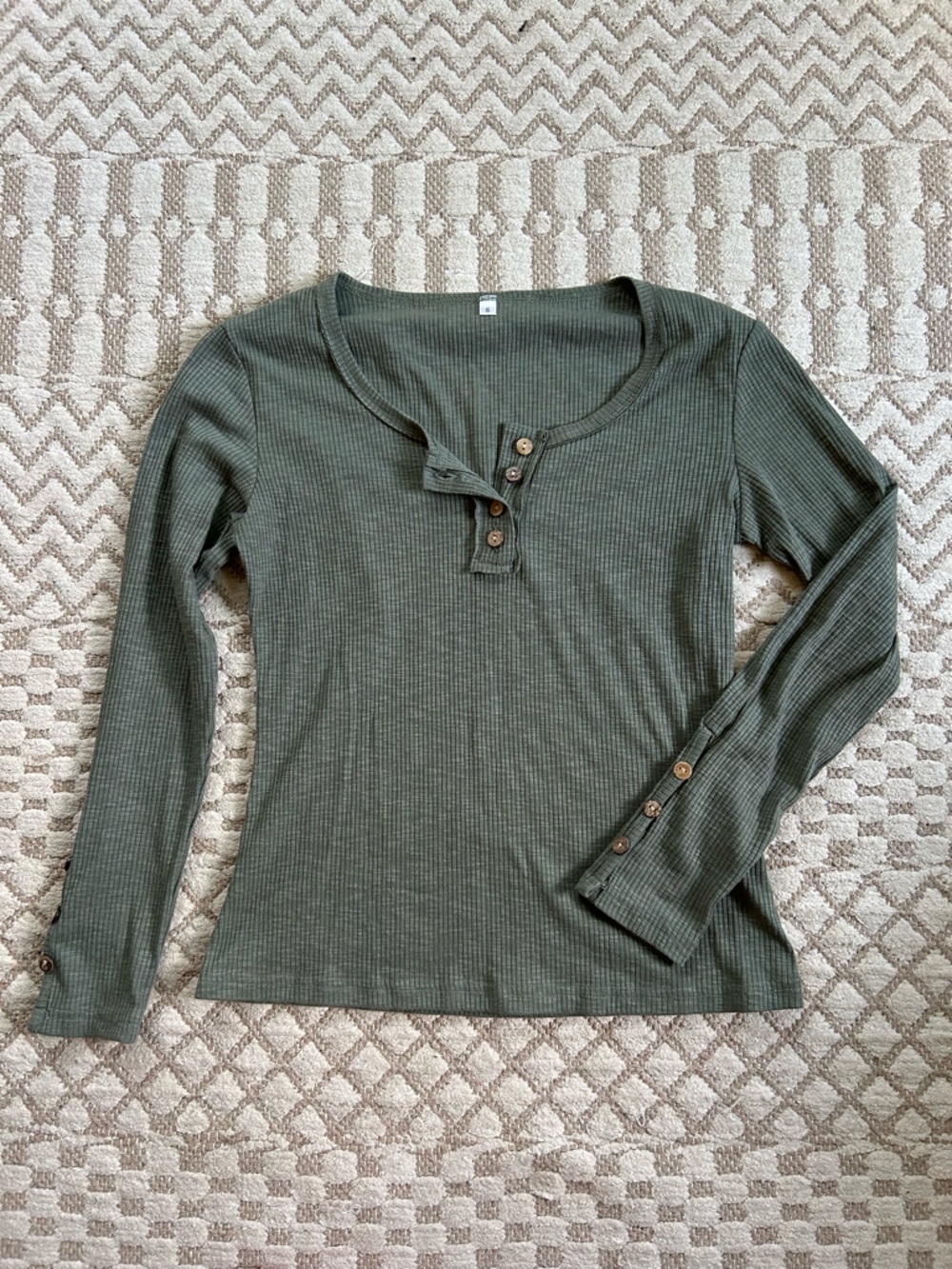 Ribbed Long Sleeve Henley in Olive Green
